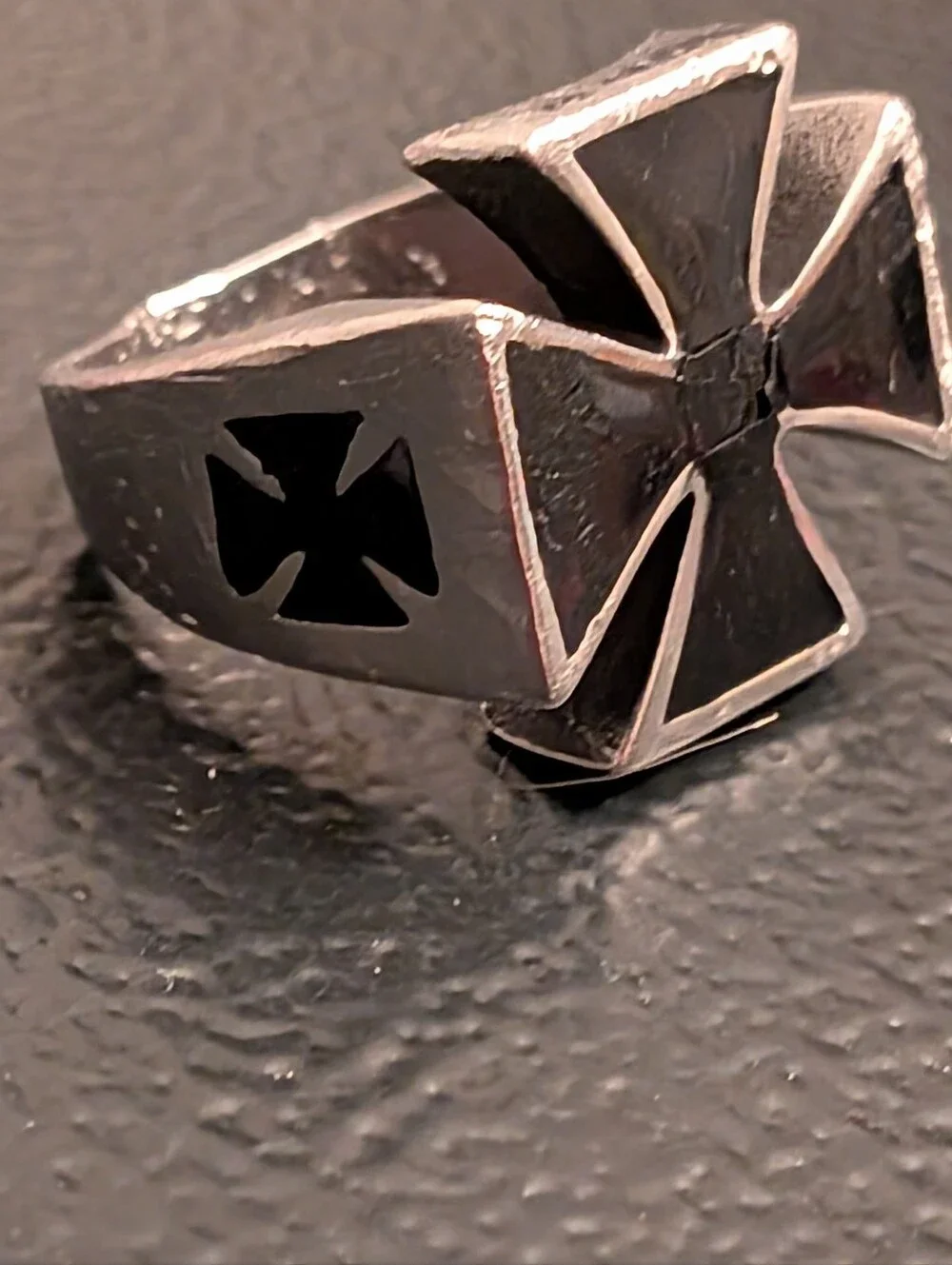 Vintage Massive Oversized Iron Cross Biker Ring Black Onyx Enamel Style Sz 15